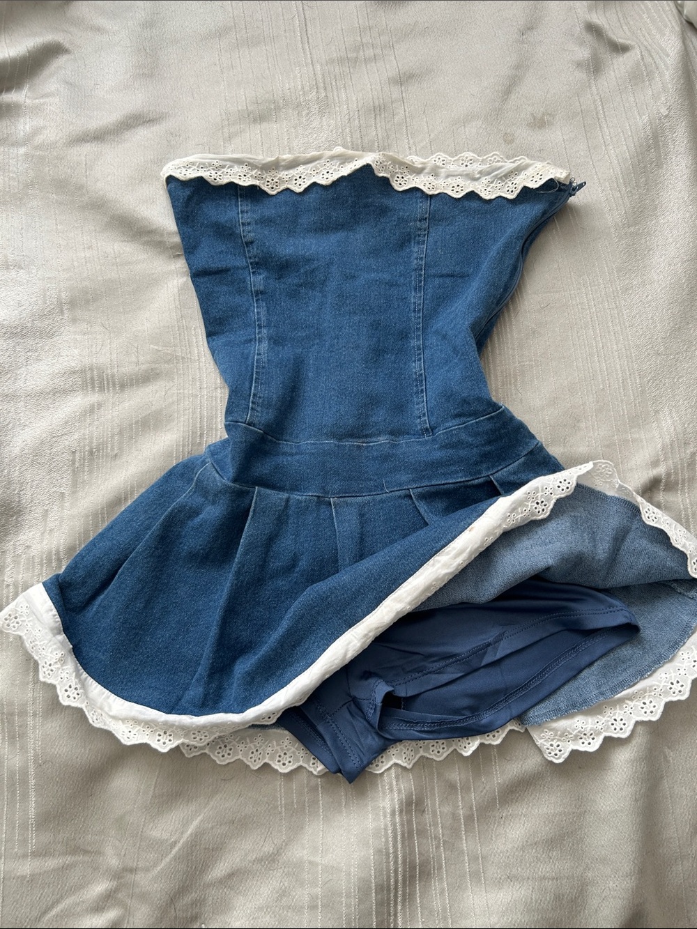 Forever 21 Light Blue Denim Dress with White Lace Trim
